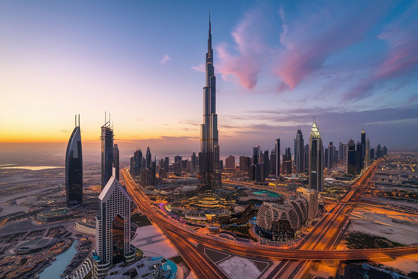 Dubai skyline at dusk with Burj Khalifa